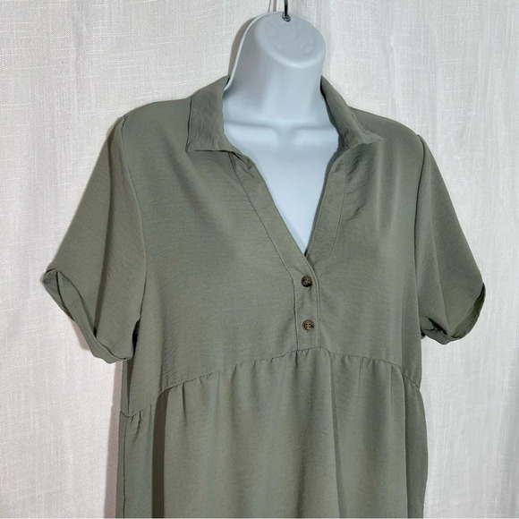 Derek Heart Babydoll Collared Cuffed Short Sleeve Flowy Shirt Dress Sz L - Picture 2 of 5